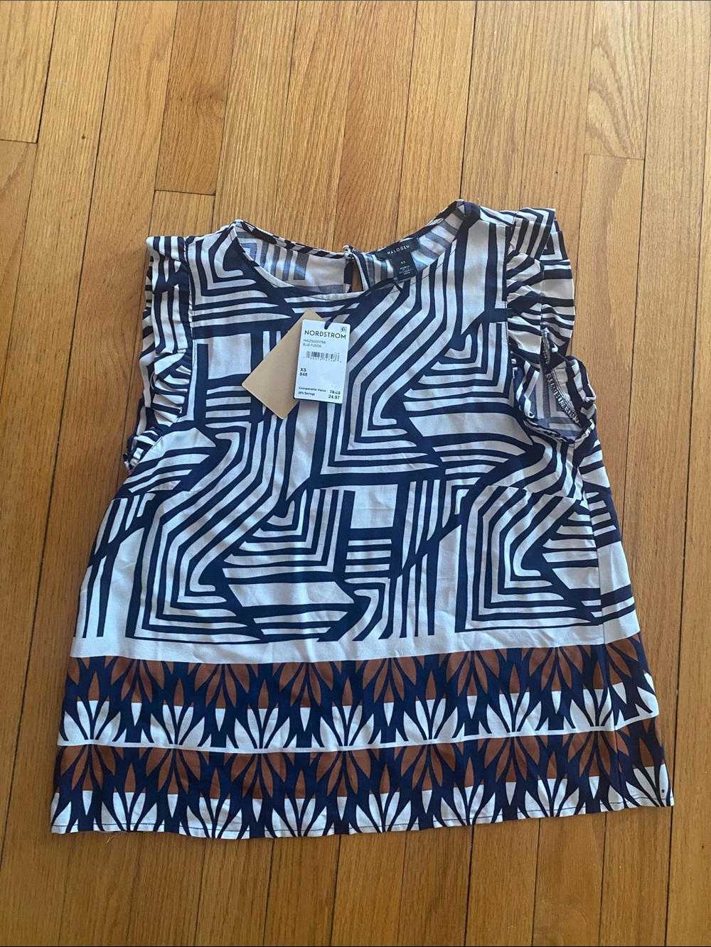 Halogen Navy, White & Brown Geometric Cap-Sleeve Blouse